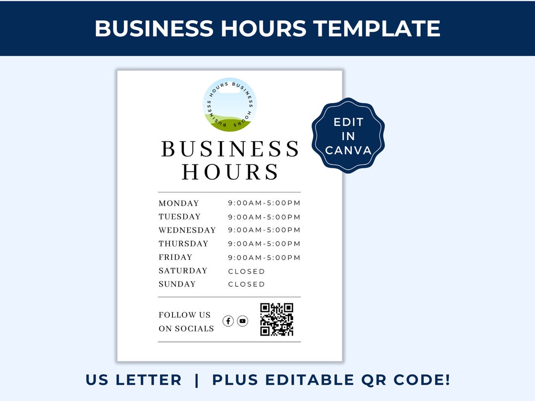 Business Hours Printable, Store Hours Editable QR Code, Store Hours ...