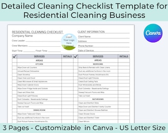 May include: A printable cleaning checklist template for residential cleaning businesses. The checklist includes sections for client information, services, areas, and initials. The template is customizable and can be used for 3 pages. The text "3 Pages - Customizable in Canva - US Letter Size" is at the bottom of the page.