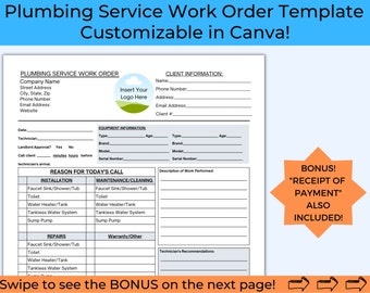 Plumbing Work Order, Plumbing Company Templates, Plumbers Work Order, New Home Plumbing, Plumbing Service Work Order, Plumbing Maintenance