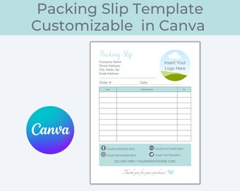 May include: A blue and white packing slip template with a cloud and green hills logo. The template includes fields for company name, address, order number, date, and product descriptions. It also includes social media icons and contact information.