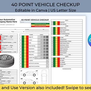 Vehicle Inspection Checklist, 40 Point Vehicle Checkup, Editable Checklist Template, Body Shop, Dealership, Mechanic, Service Department