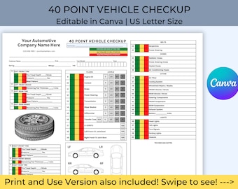 Liste de contrôle d'inspection du véhicule, contrôle du véhicule en 40 points, modèle de liste de contrôle modifiable, atelier de carrosserie, concessionnaire, mécanicien, service après-vente