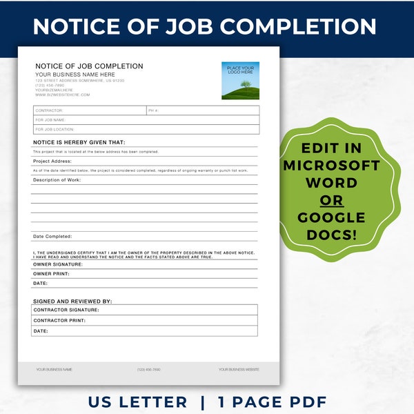 Notice of Job Completion Template, Job Completion Letter, Project Completion, Contractor, Construction, Builder, Project Management WORD