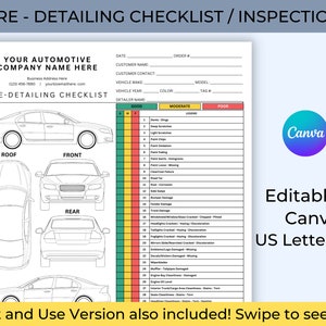 Pre-Detailing Vehicle Inspection Checklist, Editable Checklist Template for Auto Dealerships, Auto Detailing, Service Department Forms