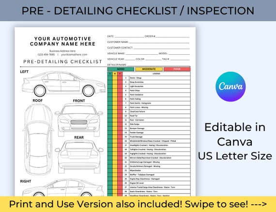 Pre-Detailing Vehicle Inspection Checklist, Editable Checklist Template for Auto Dealerships, Auto Detailing, Service Department Forms