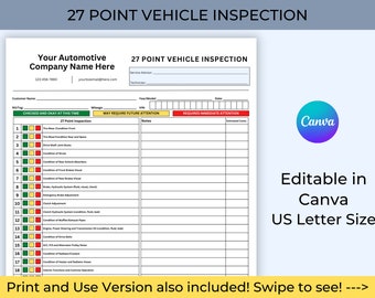 Könnte beinhalten: Ein weißes 27-Punkte-Fahrzeuginspektionsformular mit einem blau-violetten Canva-Logo. Das Formular enthält Abschnitte für Kundeninformationen, Kilometerstand und eine Checkliste der Fahrzeugkomponenten. Text enthält "Print and Use Version also included! Swipe to see!"