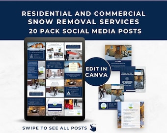 May include: A digital collection of 20 social media post templates for residential and commercial snow removal services, featuring dark blue and white layouts, winter imagery, and the text Edit in Canva and Swipe to see all posts.