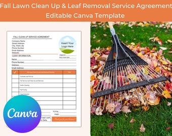 May include: A printable service agreement template for fall lawn clean up and leaf removal services. The template includes sections for company information, client information, and a list of services with prices. The template is designed to be used with Canva.