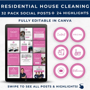 May include: A laptop screen displaying a mockup of 32 social media posts and 24 highlights for a residential house cleaning business. The posts are in a pink and white color scheme and feature images of cleaning supplies, before and after photos, and text about the business. The highlights are in pink circles with icons and text such as "Contact", "Pricing", "Bathrooms", and a play button.