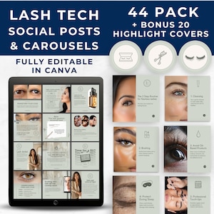 Könnte beinhalten: Ein digitales Tablet zeigt eine Sammlung von 44 Social-Media-Post-Vorlagen für Wimperntechniker. Die Vorlagen sind vollständig in Canva bearbeitbar und beinhalten 20 Bonus-Highlight-Cover. Die Vorlagen haben ein grün-weißes Farbschema und enthalten Bilder von Augen, Wimpern und Wimpernwerkzeugen.