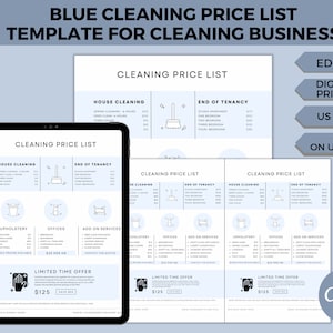 Cleaning Price List, Editable Cleaning Price List, Cleaning Service, Residential Cleaning Business, Blue Price List for Professional Cleaner