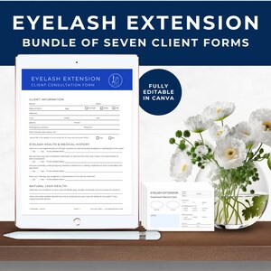 Eyelash Extension Consent Forms Bundle, Eyelash Extension Client Intake Form, Lash Consultation, Treatment Record Card Template, Blue, EE01