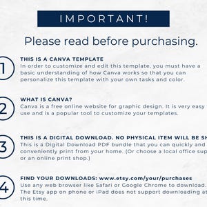 Pode incluir: Um fundo branco com texto azul que diz "IMPORTANTE! Leia antes de comprar." Quatro etapas numeradas s&atilde;o listadas com instru&ccedil;&otilde;es sobre como usar um modelo Canva. O texto inclui o endere&ccedil;o do site www.etsy.com/your/purchases.