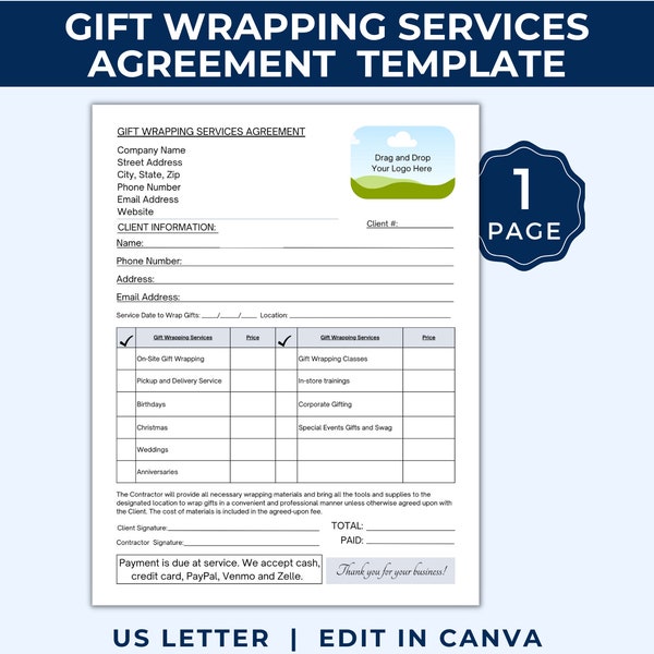 Gift Wrapping Service Agreement, Present Wrapping Service, Editable Template, Corporate Gifting, In Store Training, Birthday, Holiday, GWS01