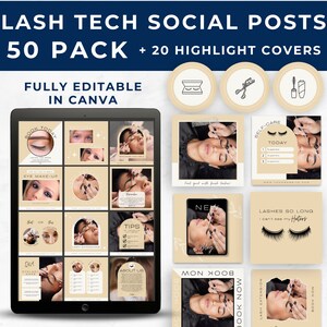 May include: A digital tablet displaying a collection of 50 social media post templates for lash technicians. The templates feature a variety of designs, including images of eyelashes, eye makeup, and text overlays. The text on the tablet reads "Lash Tech Social Posts 50 Pack + 20 Highlight Covers Fully Editable in Canva".