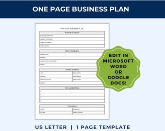 Microsoft Word Business Plan Template, Business Plan Template in Word, Starting a Business Plan, One Page Business Plan, Google Doc, BP101