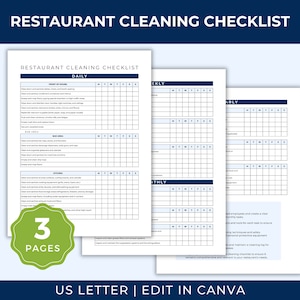 Restaurant Cleaning Checklist Template, Food Service Sanitation, Daily Restaurant Kitchen Cleaning Checklist, Weekly Cleaning Schedule, RF01