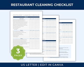 Restaurant Cleaning Checklist Template, Food Service Sanitation, Daily Restaurant Kitchen Cleaning Checklist, Weekly Cleaning Schedule, RF01