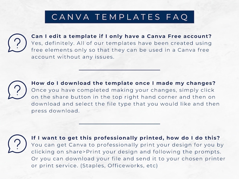 Op de afbeelding: Een Canva Templates FAQ-pagina met drie vragen en antwoorden over het bewerken, downloaden en afdrukken van sjablonen. De vragen worden weergegeven met een vraagtekenpictogram en de antwoorden staan in een wit vak met een blauwe rand.