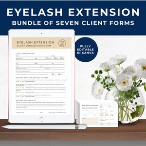 Lash Consultation Form, Eyelash Extension Consent Form Bundle, Lash Extension Client Intake Form, Treatment Record Card, Champagne, EE01