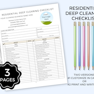 May include: A printable checklist for residential deep cleaning services. The checklist is divided into sections for client information, services, and areas. The checklist is designed to be used by cleaning businesses. The checklist is available in two versions: a customizable Canva version and a printable PDF version.