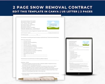 Snow Removal Contract, Residential Snow Plowing Contract, Snow Blowing Contract, Commercial Snow Plowing Contract, Canva Editable Template