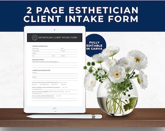 May include: A digital tablet displaying a 2 page esthetician client intake form with sections for personal information, skin care history, and routine. A white stylus lies in front of the tablet next to a round glass vase of white flowers.