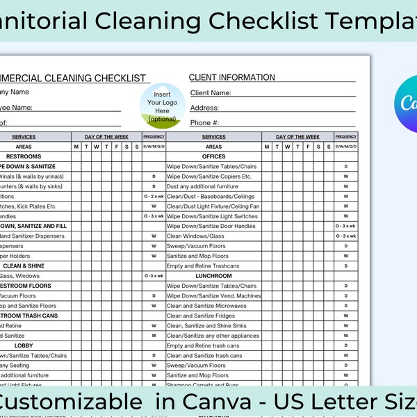 Checklist for Cleaning Service, Janitorial Cleaning Checklist, Frequency Chart, Janitor Schedule, Commercial Cleaning Business, Cleaning