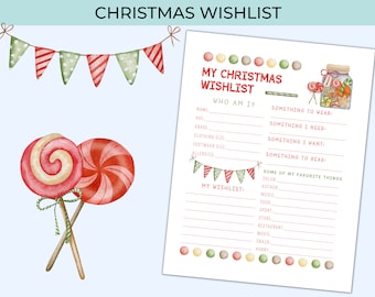 May include: A printable Christmas wishlist with a festive design featuring candy canes and a jar of candy. The wishlist includes sections for personal information, clothing and footwear sizes, allergies, and a list of favorite things. It also includes a section for a wish list.