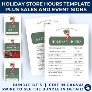 May include: A set of five printable holiday store signs featuring a red stocking with green holly and berries. The signs include a "Tis the Season Sale", "In Store Christmas Workshop", "Gift Wrapping", and a holiday hours schedule. The signs are designed to be edited in Canva.