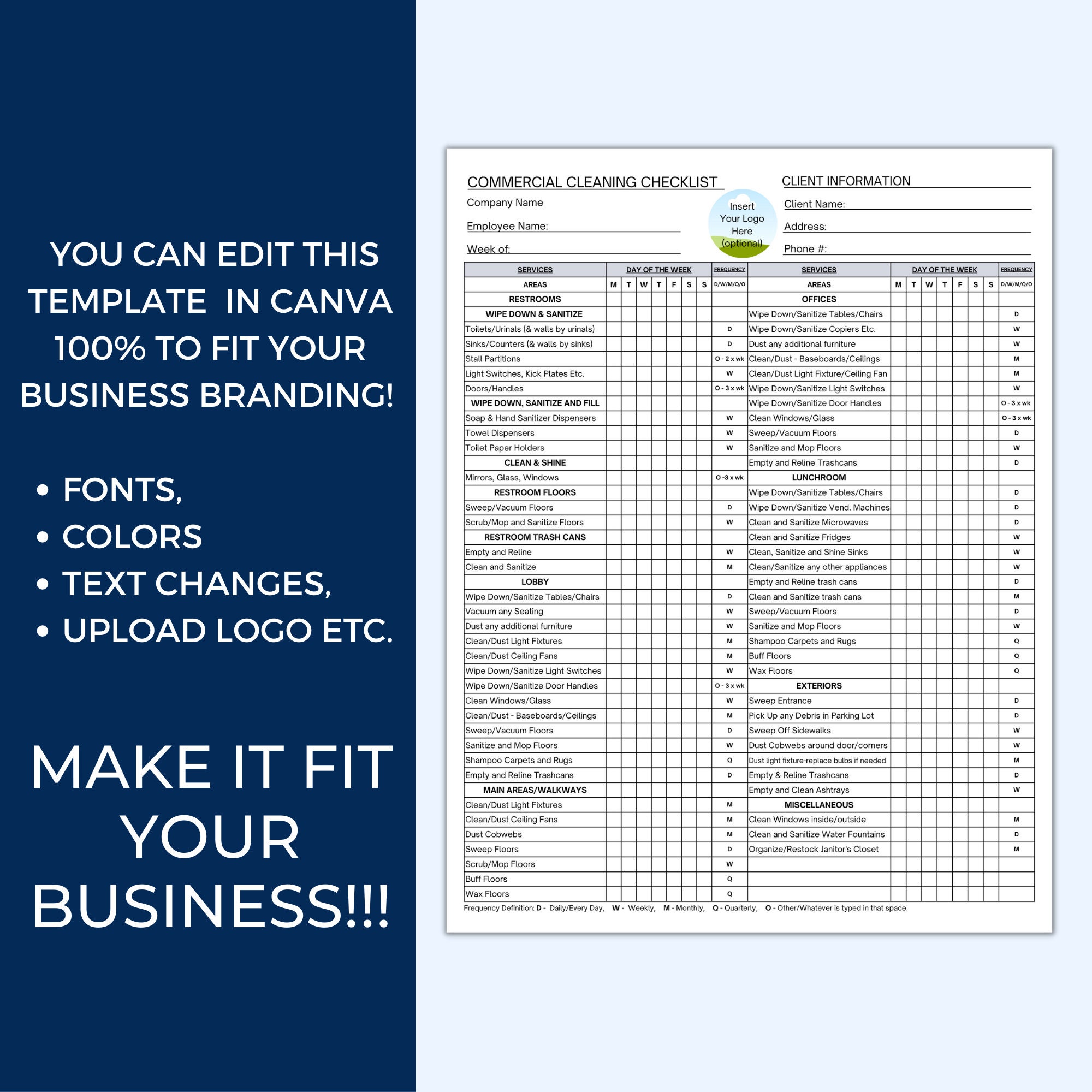 Cleaning Checklist Template, Janitorial Cleaning Business, Commercial