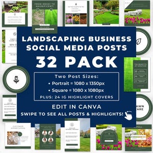 Puede incluir: Un collage de 32 publicaciones en redes sociales para un negocio de paisajismo. Las publicaciones están en dos tamaños: retrato (1080 x 1350 píxeles) y cuadrado (1080 x 1080 píxeles). Las publicaciones presentan imágenes de exuberantes céspedes verdes, flores y proyectos de paisajismo. El texto en las publicaciones incluye frases como "¡De desordenado a magnífico!" y "Los beneficios de la aireación". Las publicaciones también incluyen 24 cubiertas de resaltado de Instagram. El texto "32 Pack" está en letras grandes y negritas. El texto "Editar en Canva" está en una fuente más pequeña. El texto "¡Desliza para ver todas las publicaciones y los aspectos destacados!" está en una fuente más pequeña e incluye una mano apuntando hacia la derecha.