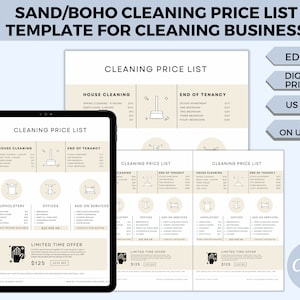 Cleaning Price List, Editable Cleaning Service Price List, Residential Cleaning Business, Sand, Boho Price List for Professional Cleaners