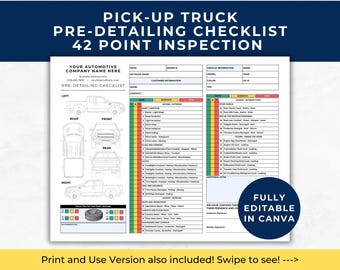 May include: A white pick-up truck pre-detailing checklist document featuring a 42 point inspection grid, diagrams of truck sides, roof, front, and rear, and sections for customer and vehicle information, fully editable in Canva.