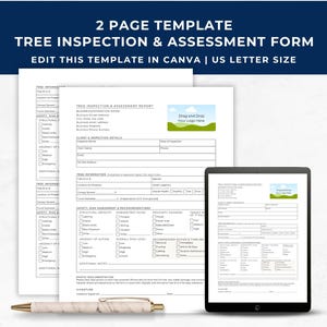 May include: A two-page template for a Tree Inspection & Assessment Form. The text "TREE INSPECTION & ASSESSMENT FORM" is displayed in white on a dark blue background. The template is designed for US Letter size and includes a pen and a tablet.