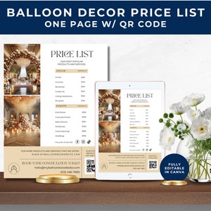 Balloon Business Price List Template, Balloon Decor Price List, Pricing Sheet with QR Code, Balloon Decorations, Balloon Artist Menu, BB01