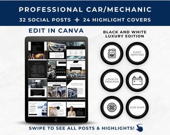 May include: A digital template set for professional car mechanics featuring 32 social media posts and 24 highlight covers. The black and white luxury edition includes icons for fleet services, loyalty programs, batteries, and shop details.