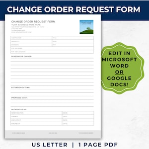 Change Order Request Form WORD Template, Contractor, Construction ...