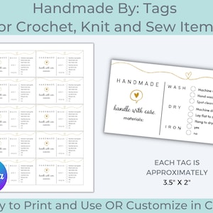 Printable Care Tag, Care Labels, Handmade for you, Washing Instructions, Editable Care Card, Crochet Tags, Care Instructions, Craft Tags