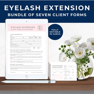 Eyelash Extension Consent Form Bundle, Eyelash Extension Client Intake Form, Lash Consultation Form, Treatment Record Card, Blush Pink, EE01