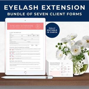 Lash Consultation Form, Eyelash Extension Consent Forms Bundle, Eyelash Extension Client Intake Form, Treatment Record Card, Coral, EE01