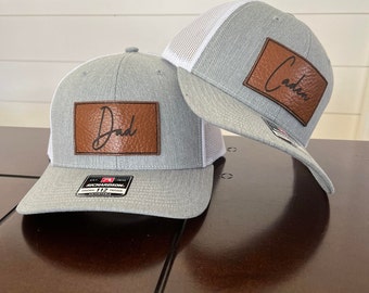 Custom Cursive Father and Son Hats - Leather Patch Hats - One Adult Hat + One Youth Hat - Gift For Dad, Papa, Grandpa, Dada, Daddy, Poppy