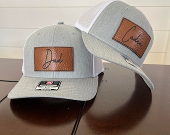 Custom Cursive Father and Son Hats - Leather Patch Hats - 1 Adult Hat + 1 Youth Hat - Pick Your Names - Father's Day Gift - Father's Day Hat