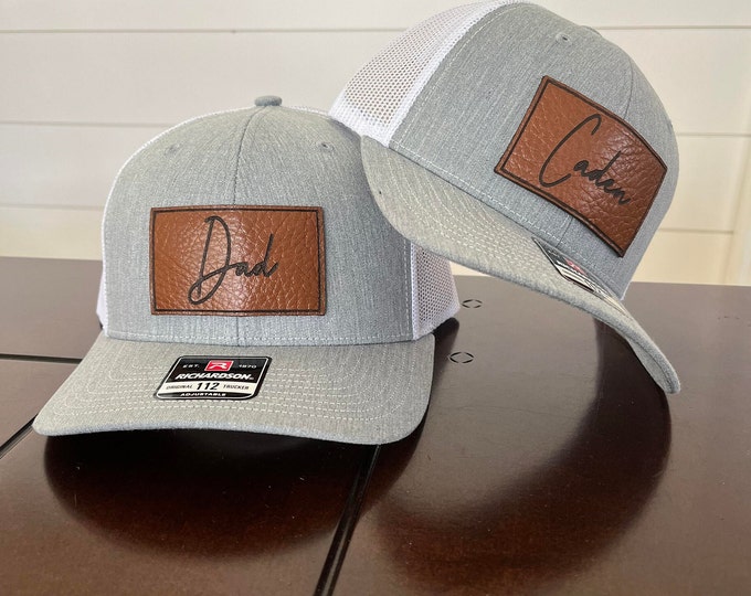 Featured listing image: Custom Cursive Father and Son Hats - Leather Patch Hats - 1 Adult Hat + 1 Youth Hat - Pick Your Names - Father's Day Gift - Father's Day Hat