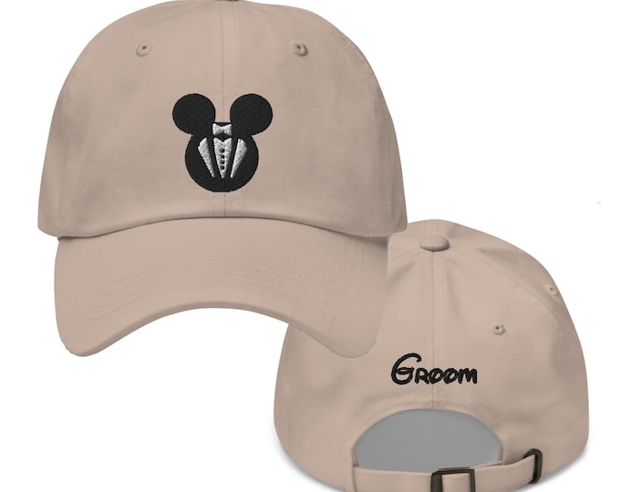 Featured listing image: Mickey Groom Embroidered Hat - "Dad Hat" Style - Over 30 Colors - Theme Park Hat - Just Married Hat - Bride & Groom Hat