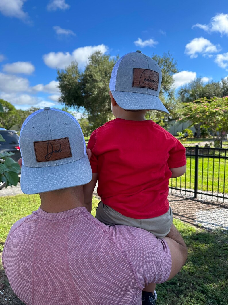 Custom Cursive Father and Son Hats - Leather Patch Hats - 1 Adult Hat ...
