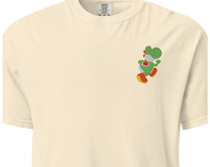 Featured listing image: Yoshi Embroidered Shirt | High-Quality Comfort Colors Shirt | Stitched, NOT Printed Design | Customizable Colors | Video Game Shirt