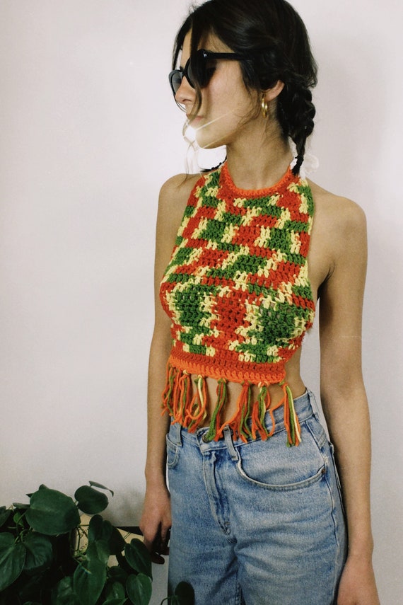 Handmade Blue 70s Vintage Crochet Top With Adjustable Clousure Size M