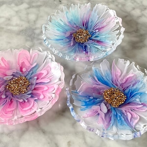 Clear, blue, pink, white 3D flower resin jewelry bowl | Trinket Tray | Housewarming | Birthday | Home Decor | Custom rim