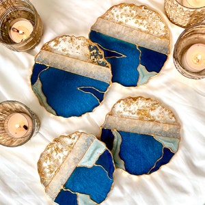 Navy Turquoise Gold Geode-shaped Resin Coasters | Washi Tape | Cocktails | Coffee | Housewarming Gift | Wedding | Jewelry Tray | Bridesmaid